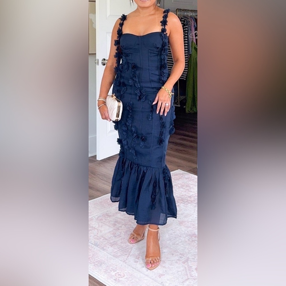 NEW PETAL & PUP Posedly Rosette Mermaid navy  Midi Dress sz M - Picture 3 of 12